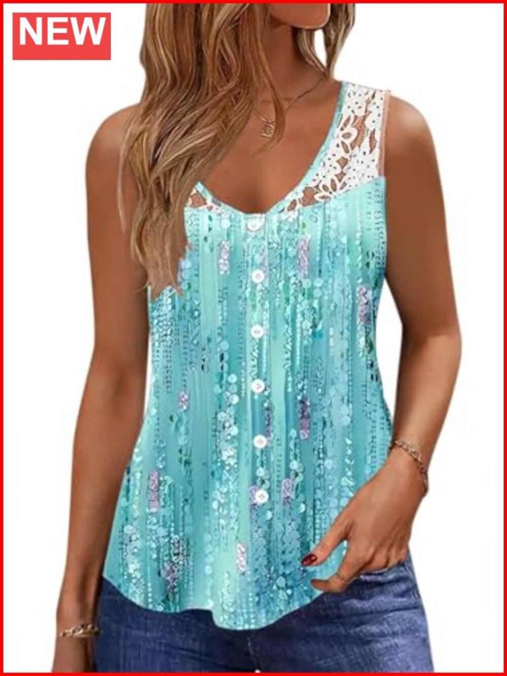Women's Lace Sleeveless V-Neck Tank Top Dressy Casual Pleated Front Button Tee